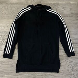 adidas Black Long Line Hoodie with Classic White Stripes